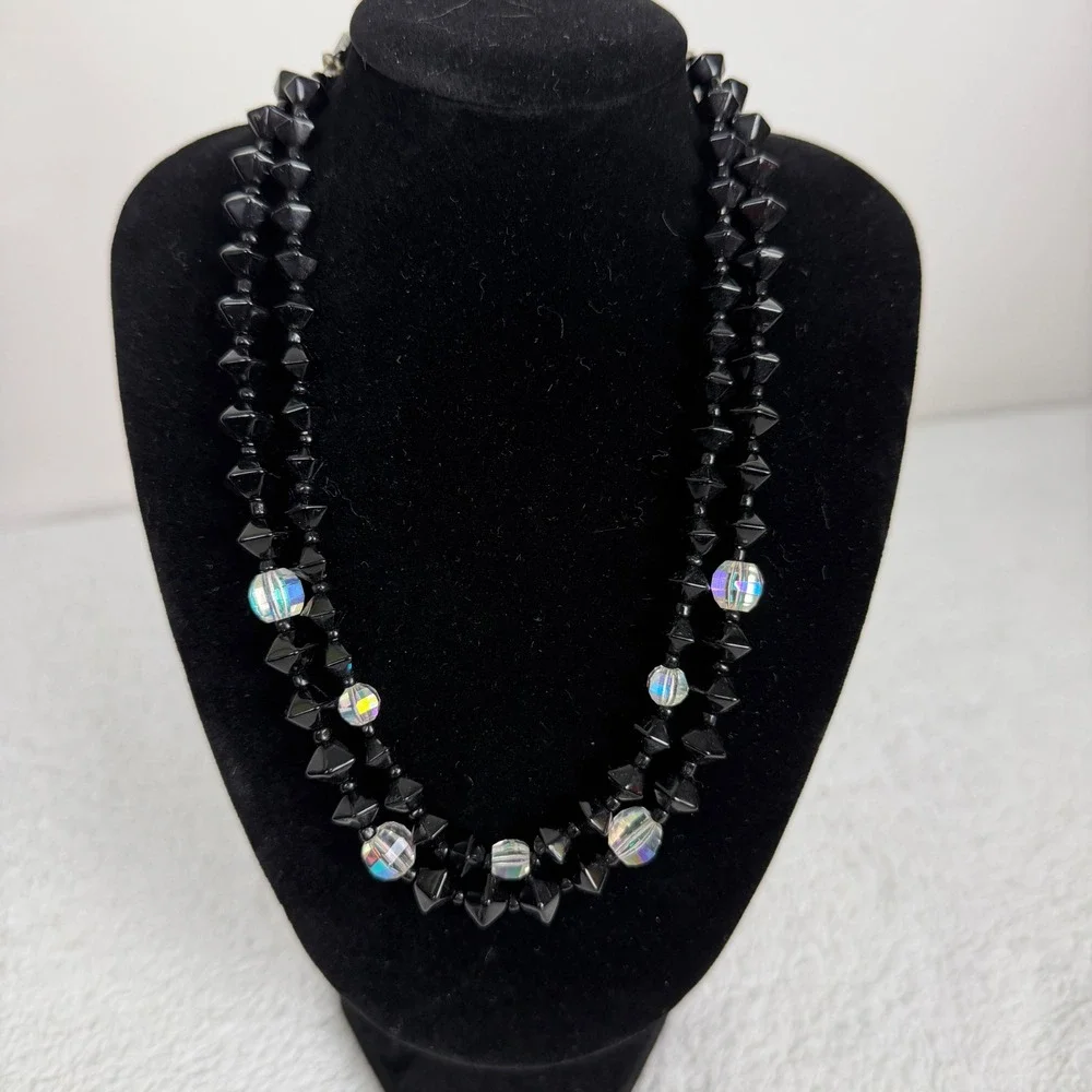 Vintage Japan Double Strand Black Faceted Bead Crystal‎ Choker Necklace 14-16in